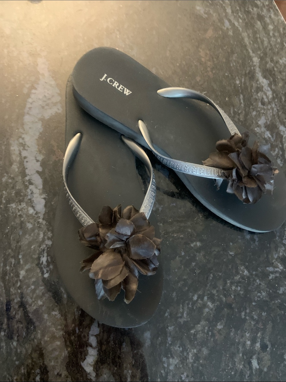 J. Crew Black Floral Embellished Flip Flops